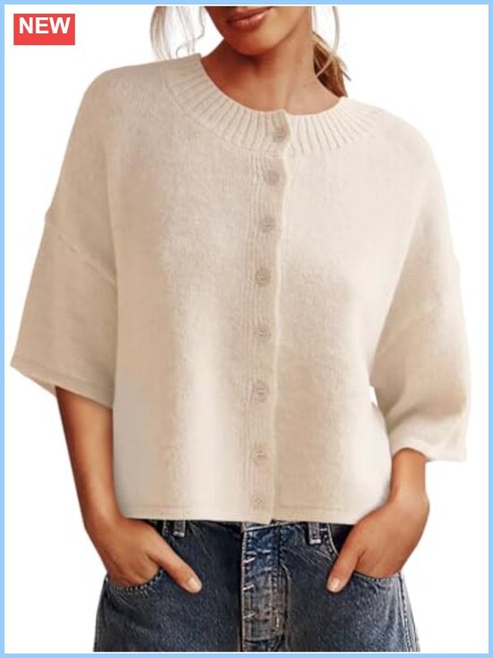 Sweaters - Womens 3/4 Sleeve Button Down Cropped Cardigan Knit Sweater